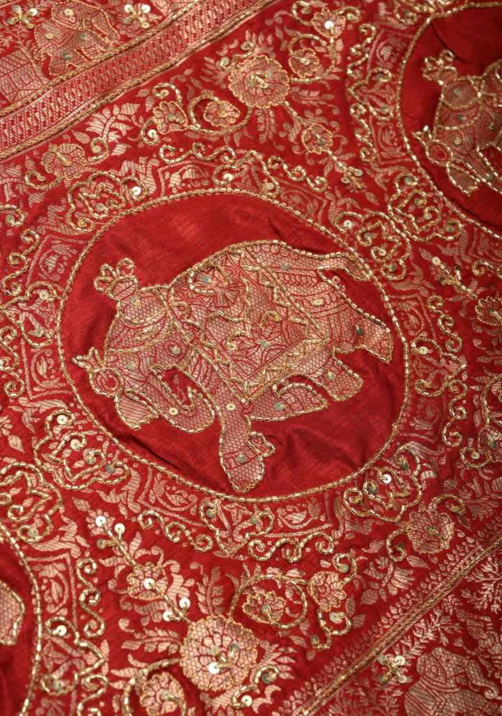 Red Ajrakh Hand Block Print on Dola Silk Saree with Cutdana-Sequins and Mirror Work Hand embroidery