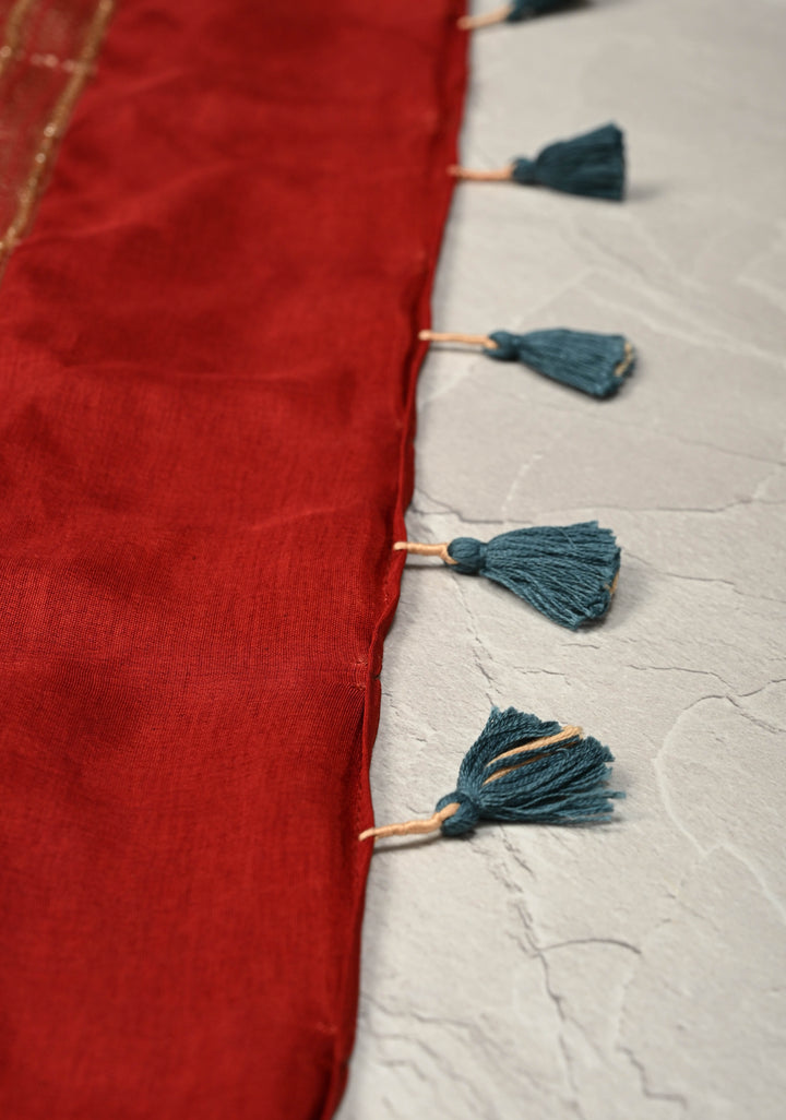 Red Ajrakh Hand Block Print on Dola Silk Saree with Cutdana-Sequins and Mirror Work Hand embroidery