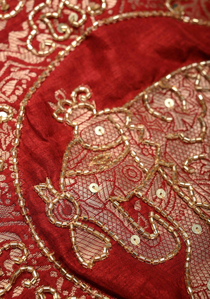 Red Ajrakh Hand Block Print on Dola Silk Saree with Cutdana-Sequins and Mirror Work Hand embroidery