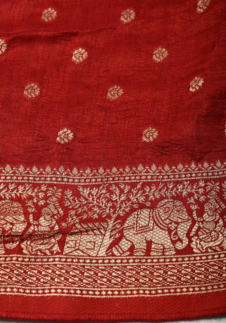 Red Ajrakh Hand Block Print on Dola Silk Saree with Cutdana-Sequins and Mirror Work Hand embroidery
