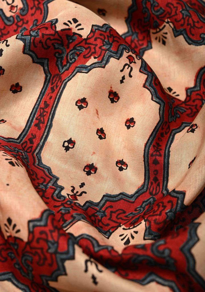 Red Ajrakh Hand Block Print on Dola Silk Saree with Cutdana-Sequins and Mirror Work Hand embroidery