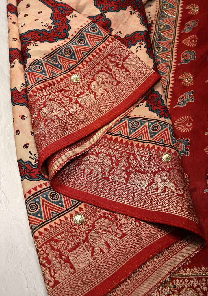 Red Ajrakh Hand Block Print on Dola Silk Saree with Cutdana-Sequins and Mirror Work Hand embroidery
