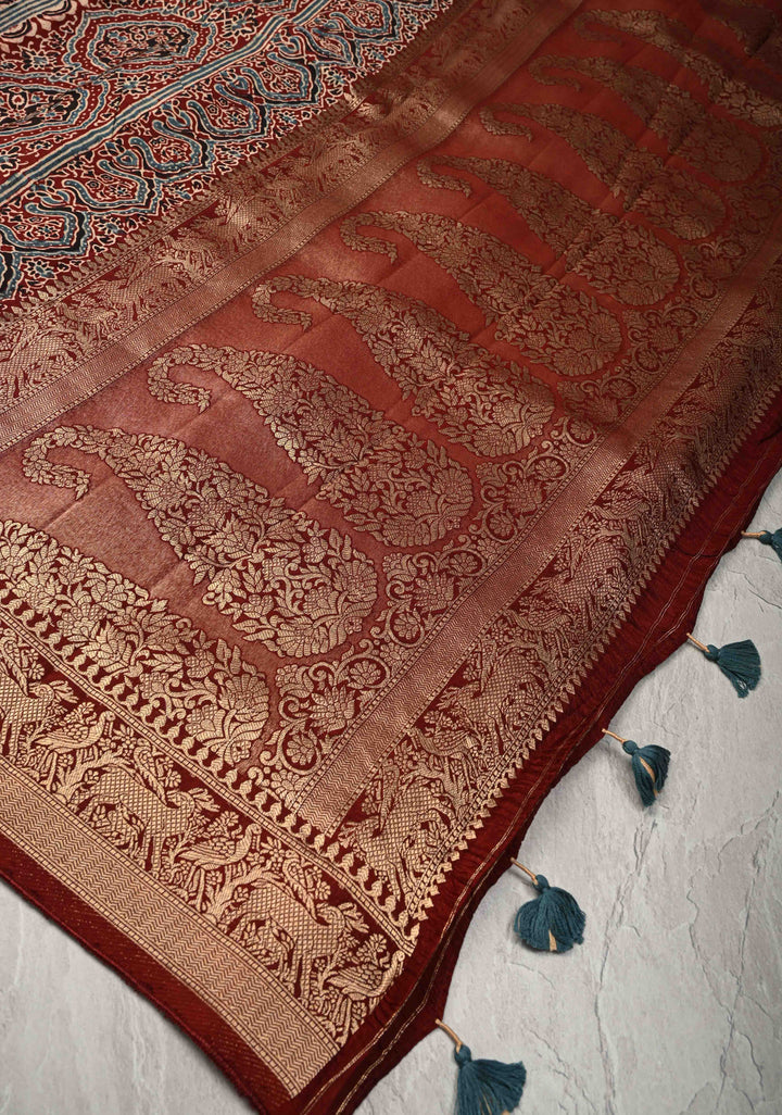 Maroon-Black Ajrakh Hand Block Print on Dola Silk Saree with Fancy Zari Border