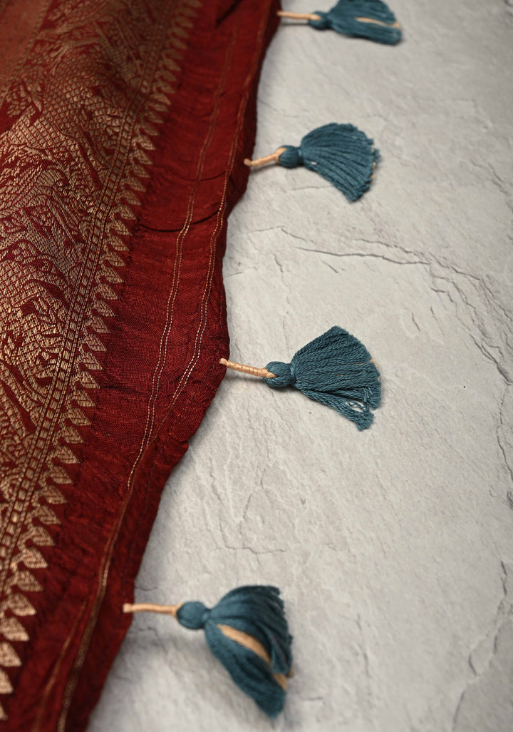 Maroon-Black Ajrakh Hand Block Print on Dola Silk Saree with Fancy Zari Border