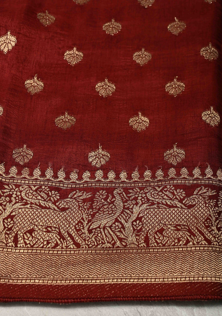 Maroon-Black Ajrakh Hand Block Print on Dola Silk Saree with Fancy Zari Border