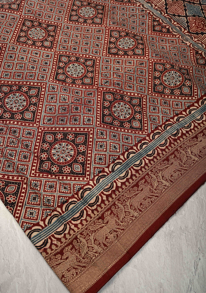 Maroon-Black Ajrakh Hand Block Print on Dola Silk Saree with Fancy Zari Border