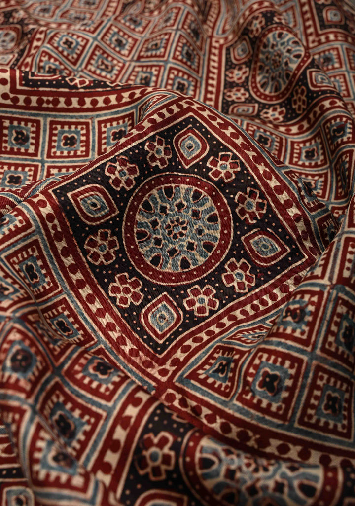 Maroon-Black Ajrakh Hand Block Print on Dola Silk Saree with Fancy Zari Border