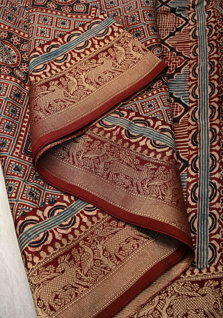 Maroon-Black Ajrakh Hand Block Print on Dola Silk Saree with Fancy Zari Border