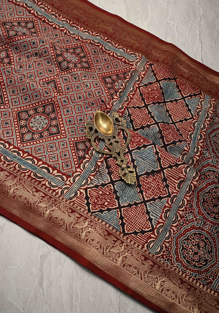 Maroon-Black Ajrakh Hand Block Print on Dola Silk Saree with Fancy Zari Border