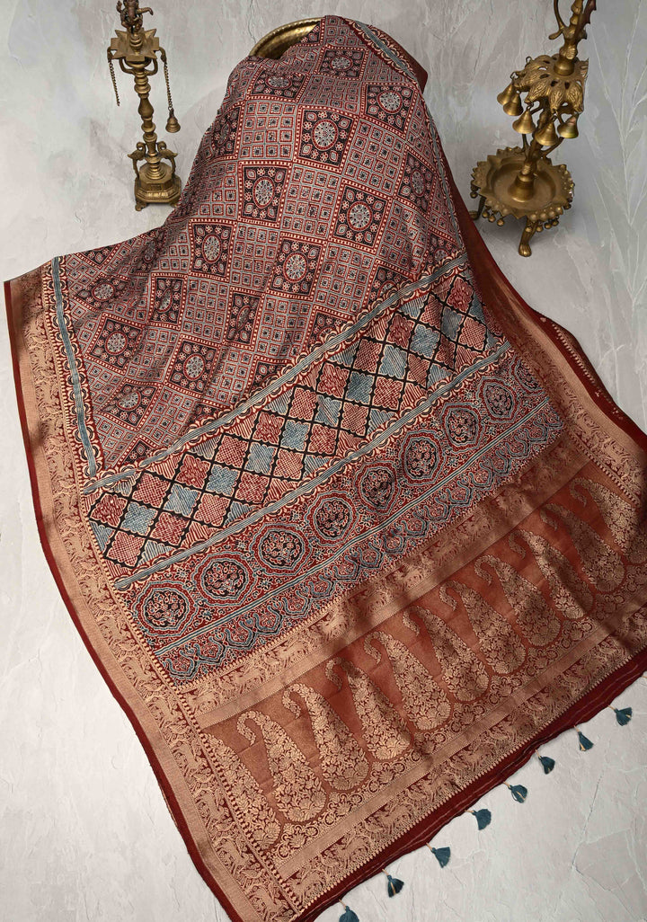 Maroon-Black Ajrakh Hand Block Print on Dola Silk Saree with Fancy Zari Border