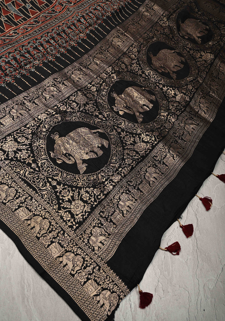 Black Hand Block Print on Dola Silk Saree with Fancy Zari Border