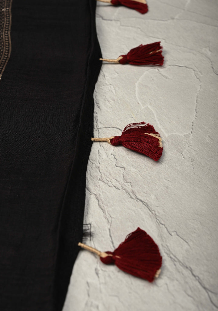 Black Hand Block Print on Dola Silk Saree with Fancy Zari Border