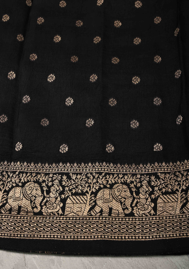 Black Hand Block Print on Dola Silk Saree with Fancy Zari Border