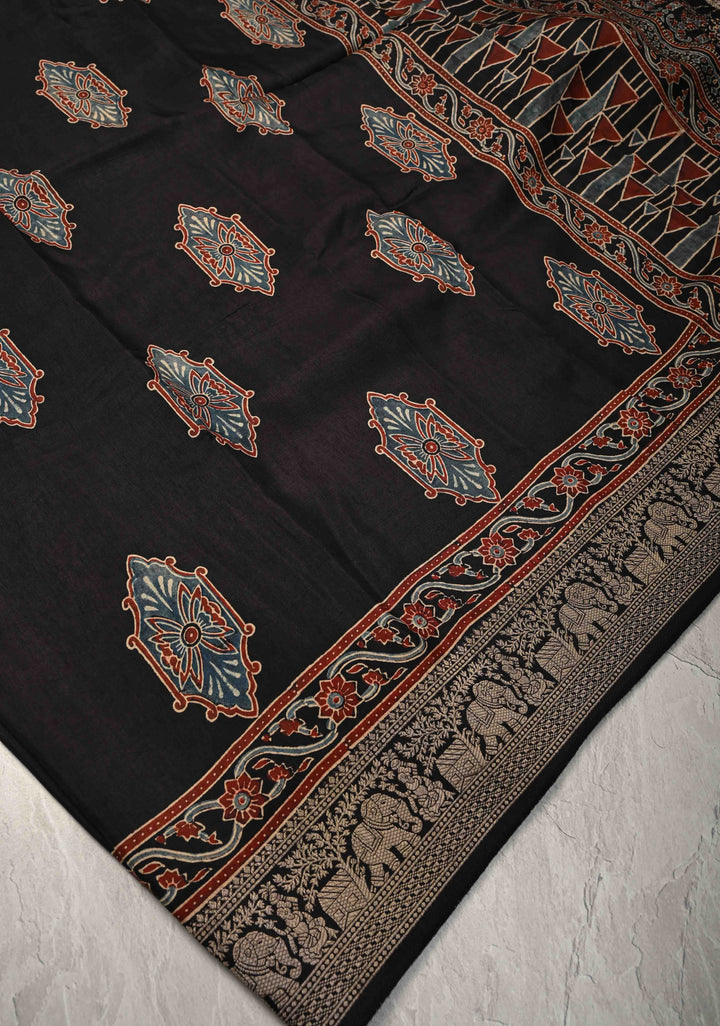 Black Hand Block Print on Dola Silk Saree with Fancy Zari Border