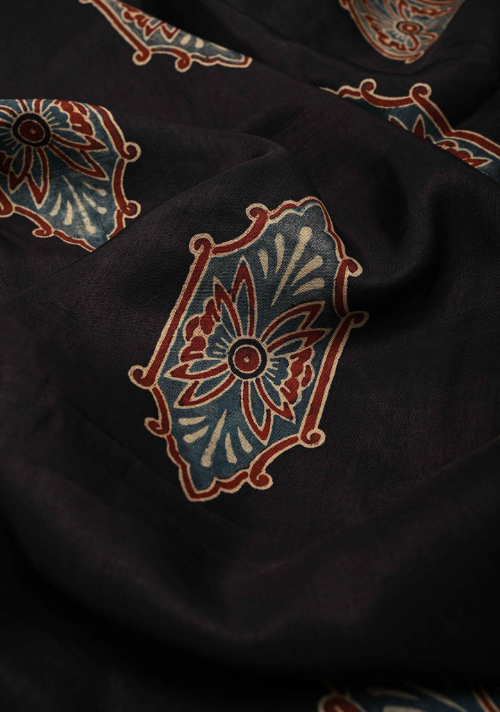 Black Hand Block Print on Dola Silk Saree with Fancy Zari Border