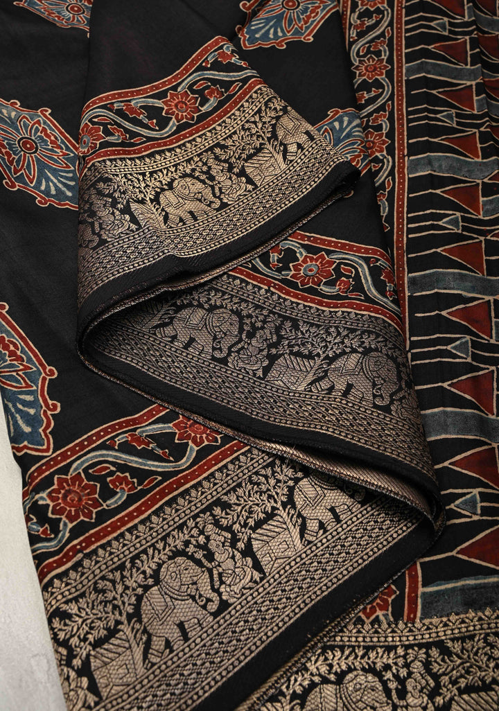 Black Hand Block Print on Dola Silk Saree with Fancy Zari Border