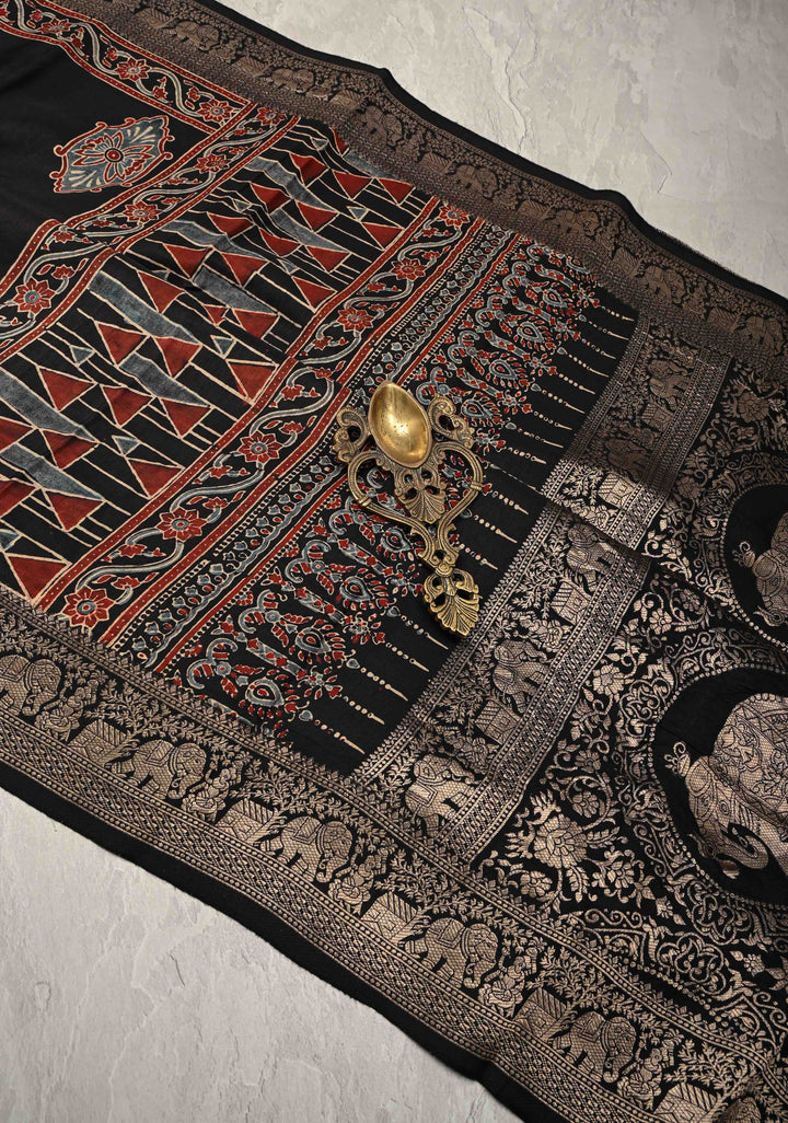 Black Hand Block Print on Dola Silk Saree with Fancy Zari Border