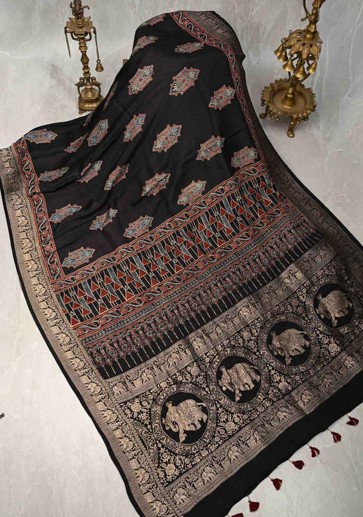 Black Hand Block Print on Dola Silk Saree with Fancy Zari Border