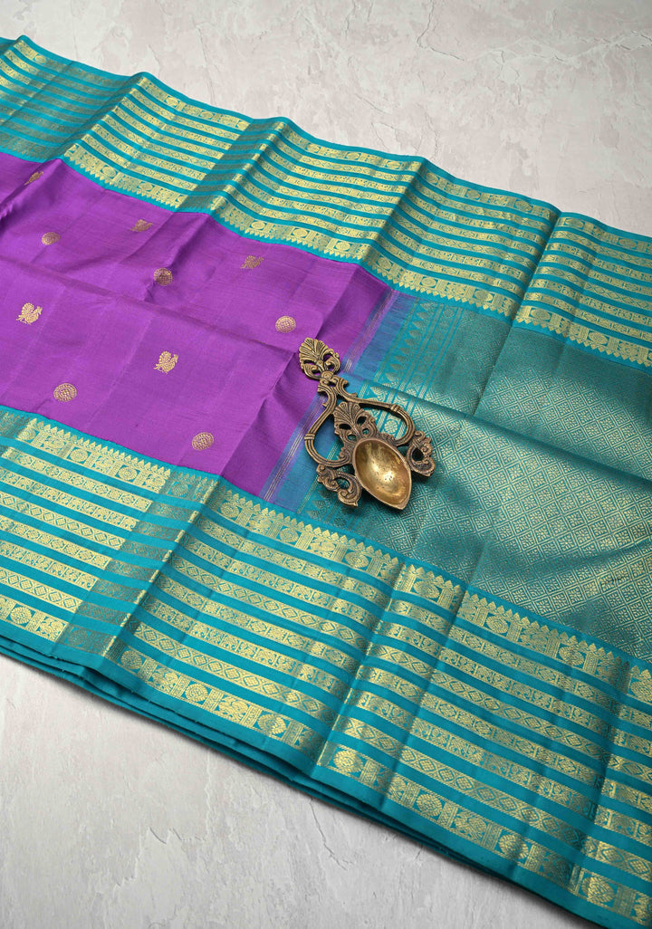 Lilac Purple Korvai Kanjivaram Pure Silk Saree with Zari Buttas and Contrast Zari Border | SILK MARK CERTIFIED