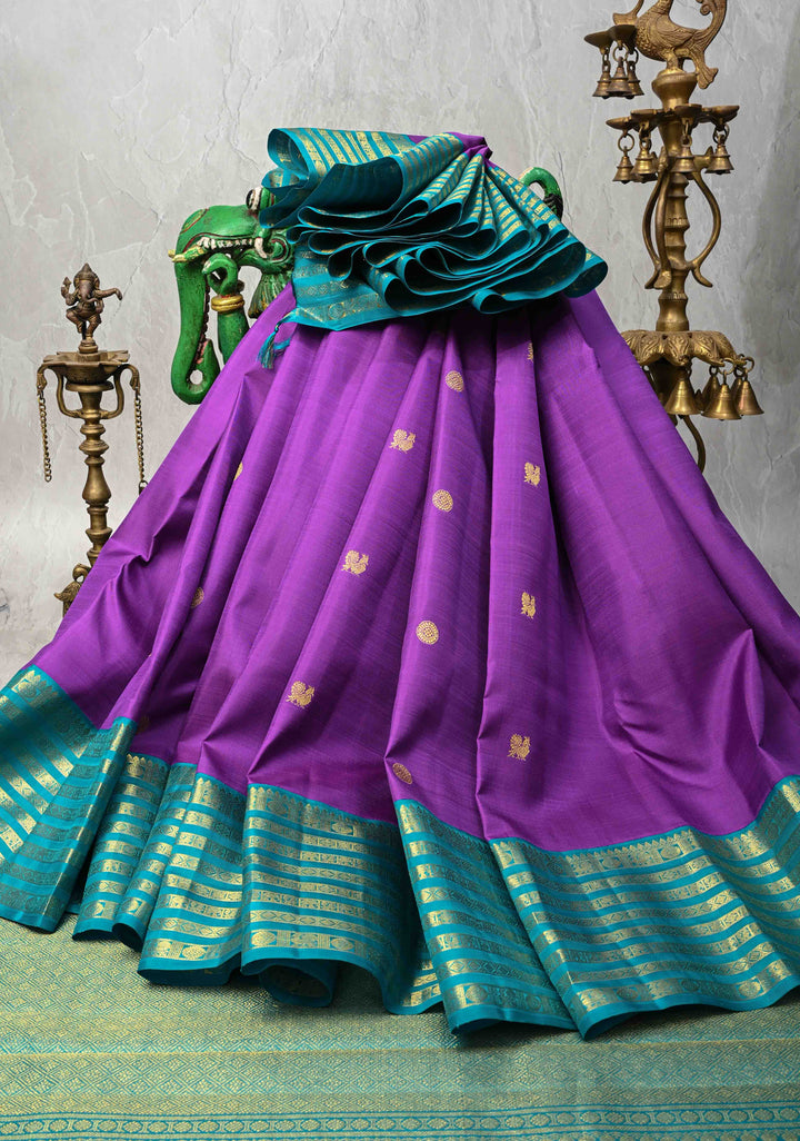 Lilac Purple Korvai Kanjivaram Pure Silk Saree with Zari Buttas and Contrast Zari Border | SILK MARK CERTIFIED