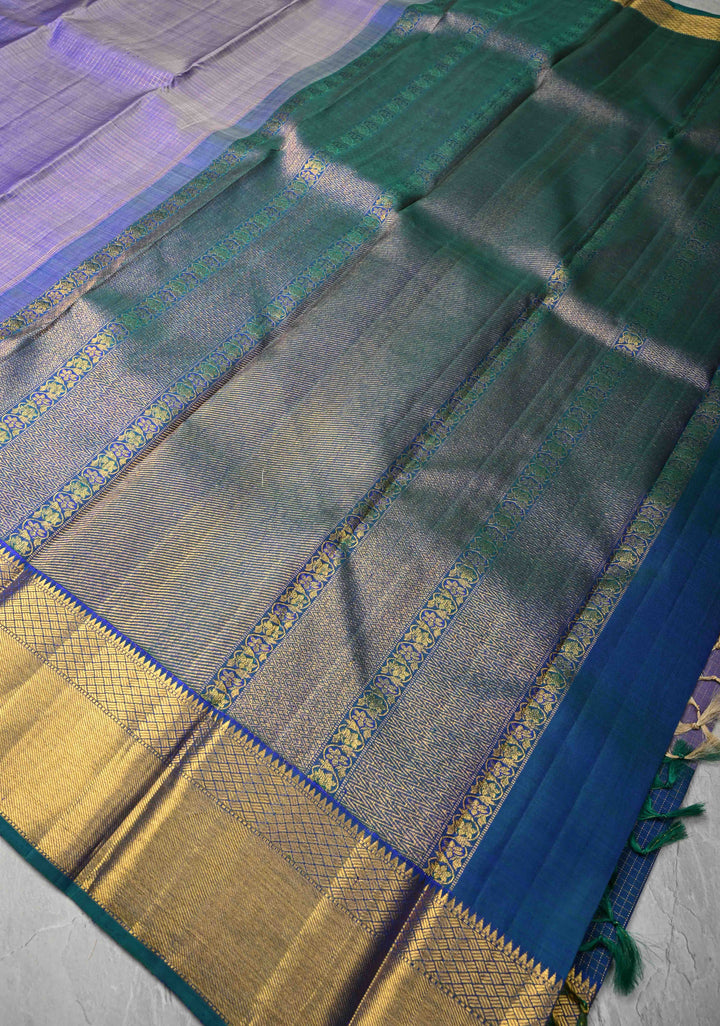 Heritage Podi Kattam Zari checks and Gandaberunda Buttas on Lilac Blue Pure Silk Kanjivaram Saree | Silk Mark Certified