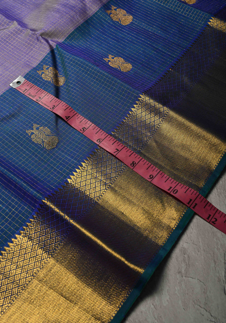 Heritage Podi Kattam Zari checks and Gandaberunda Buttas on Lilac Blue Pure Silk Kanjivaram Saree | Silk Mark Certified