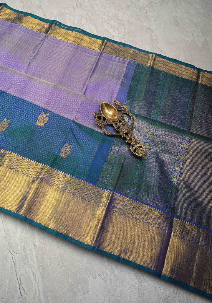 Heritage Podi Kattam Zari checks and Gandaberunda Buttas on Lilac Blue Pure Silk Kanjivaram Saree | Silk Mark Certified