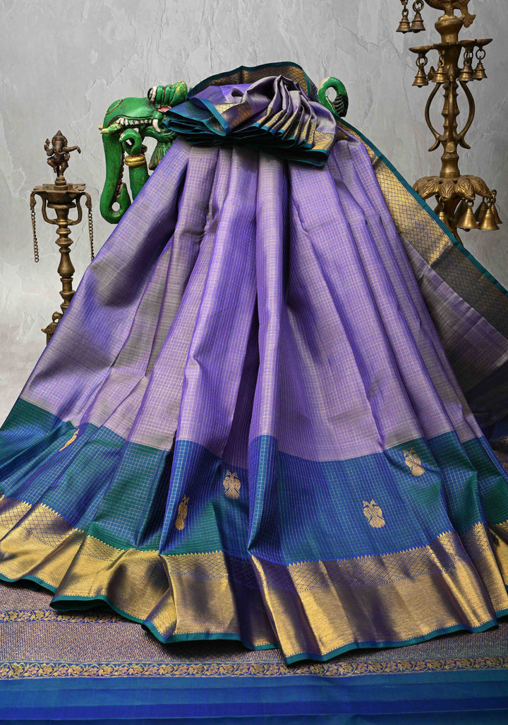 Heritage Podi Kattam Zari checks and Gandaberunda Buttas on Lilac Blue Pure Silk Kanjivaram Saree | Silk Mark Certified