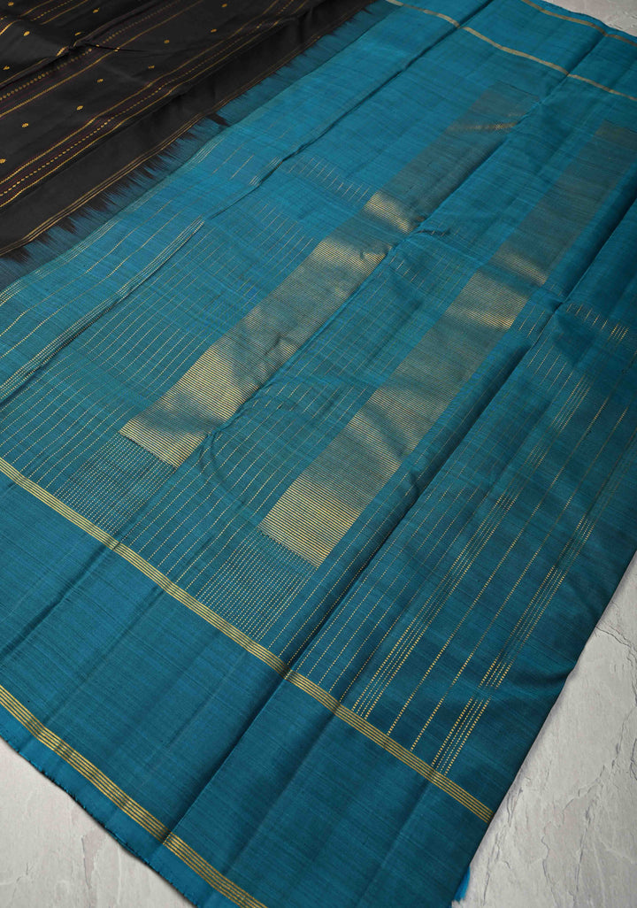 Black Brown Kanjivaram Pure Silk Saree with Vertical Stripes, zari buttas and Contrast Rettaipet Border | SILK MARK CERTIFIED