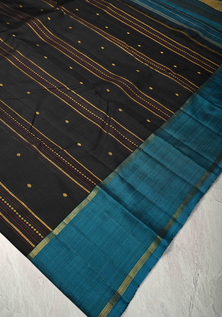 Black Brown Kanjivaram Pure Silk Saree with Vertical Stripes, zari buttas and Contrast Rettaipet Border | SILK MARK CERTIFIED