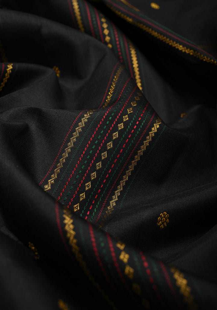Black Brown Kanjivaram Pure Silk Saree with Vertical Stripes, zari buttas and Contrast Rettaipet Border | SILK MARK CERTIFIED