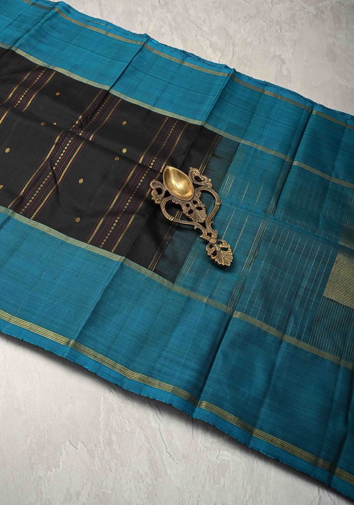 Black Brown Kanjivaram Pure Silk Saree with Vertical Stripes, zari buttas and Contrast Rettaipet Border | SILK MARK CERTIFIED