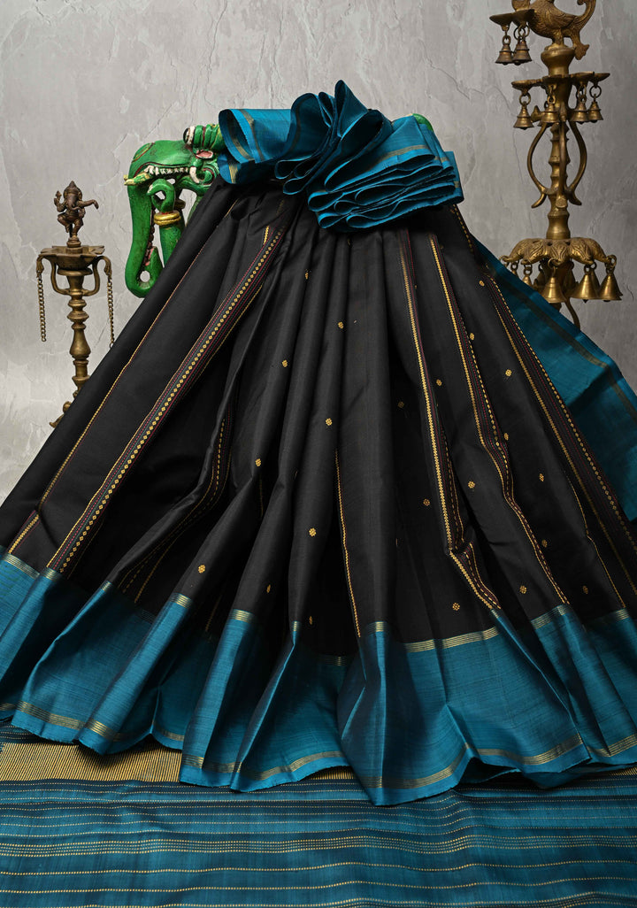 Black Brown Kanjivaram Pure Silk Saree with Vertical Stripes, zari buttas and Contrast Rettaipet Border | SILK MARK CERTIFIED