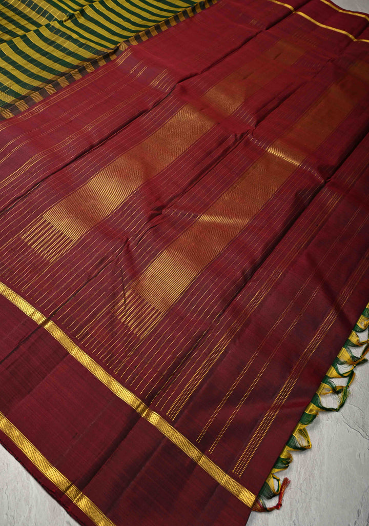 Green-Olive Green Kanjivaram Pure Silk Saree with Zari Checks and Contrast Rettaipet Border | SILK MARK CERTIFIED