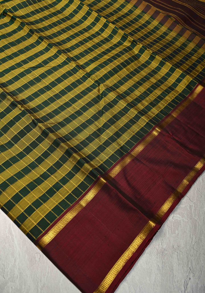 Green-Olive Green Kanjivaram Pure Silk Saree with Zari Checks and Contrast Rettaipet Border | SILK MARK CERTIFIED