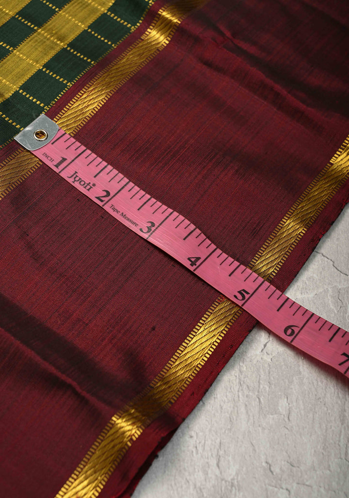 Green-Olive Green Kanjivaram Pure Silk Saree with Zari Checks and Contrast Rettaipet Border | SILK MARK CERTIFIED