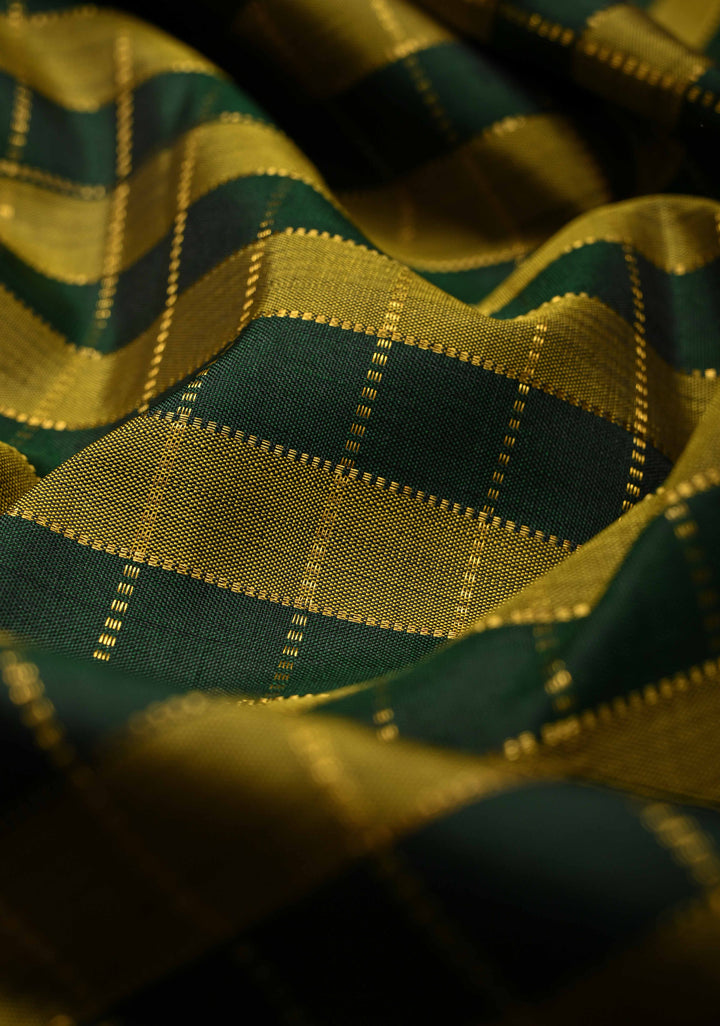 Green-Olive Green Kanjivaram Pure Silk Saree with Zari Checks and Contrast Rettaipet Border | SILK MARK CERTIFIED