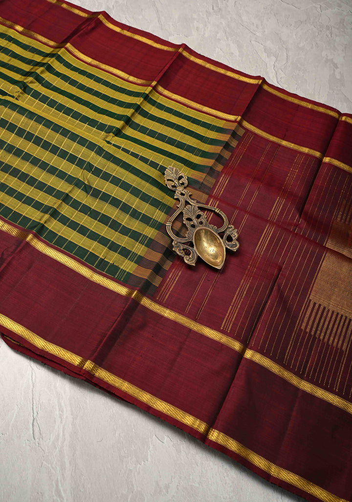 Green-Olive Green Kanjivaram Pure Silk Saree with Zari Checks and Contrast Rettaipet Border | SILK MARK CERTIFIED