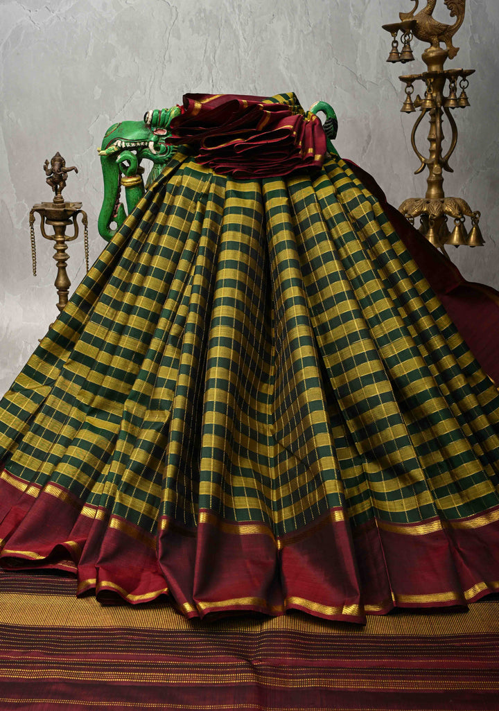 Green-Olive Green Kanjivaram Pure Silk Saree with Zari Checks and Contrast Rettaipet Border | SILK MARK CERTIFIED