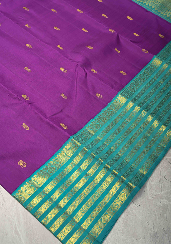 Dark Purple Korvai Kanjivaram Pure Silk Saree with Zari Buttas and Contrast Zari Border | SILK MARK CERTIFIED