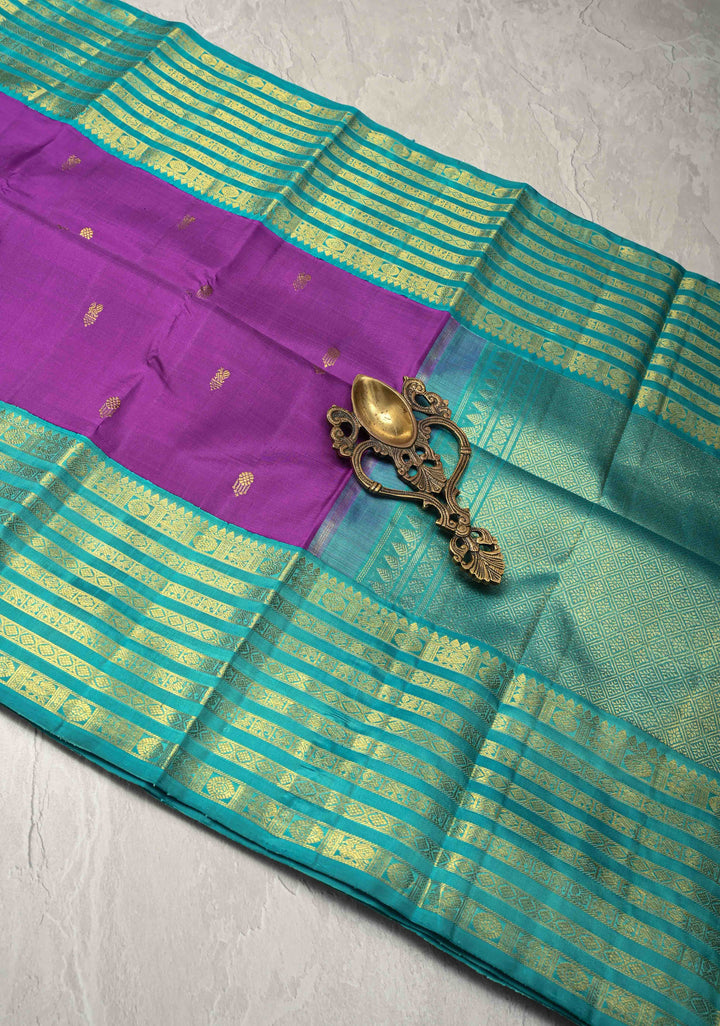 Dark Purple Korvai Kanjivaram Pure Silk Saree with Zari Buttas and Contrast Zari Border | SILK MARK CERTIFIED