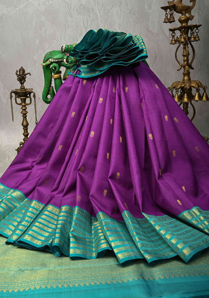 Dark Purple Korvai Kanjivaram Pure Silk Saree with Zari Buttas and Contrast Zari Border | SILK MARK CERTIFIED
