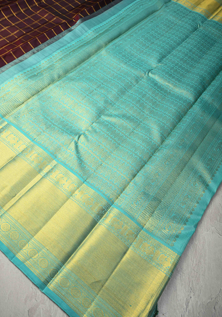 Zari Checks Korvai Weave Beetlenut Brown Kanjivaram Pure Silk Saree with Zari Checks and Contrast Border | SILK MARK CERTIFIED