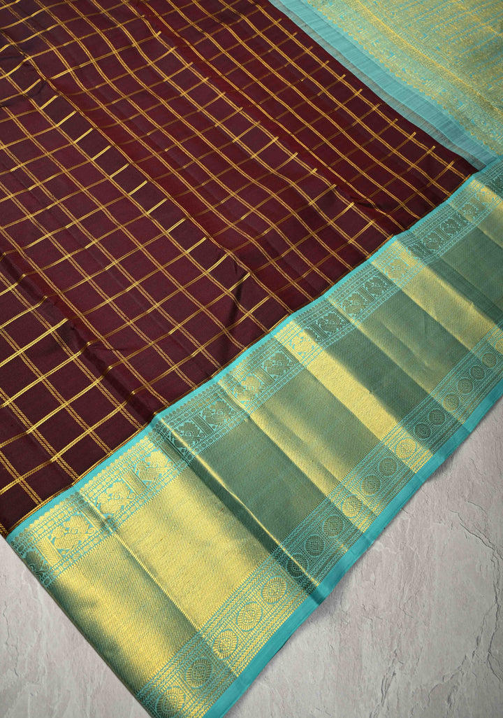 Zari Checks Korvai Weave Beetlenut Brown Kanjivaram Pure Silk Saree with Zari Checks and Contrast Border | SILK MARK CERTIFIED