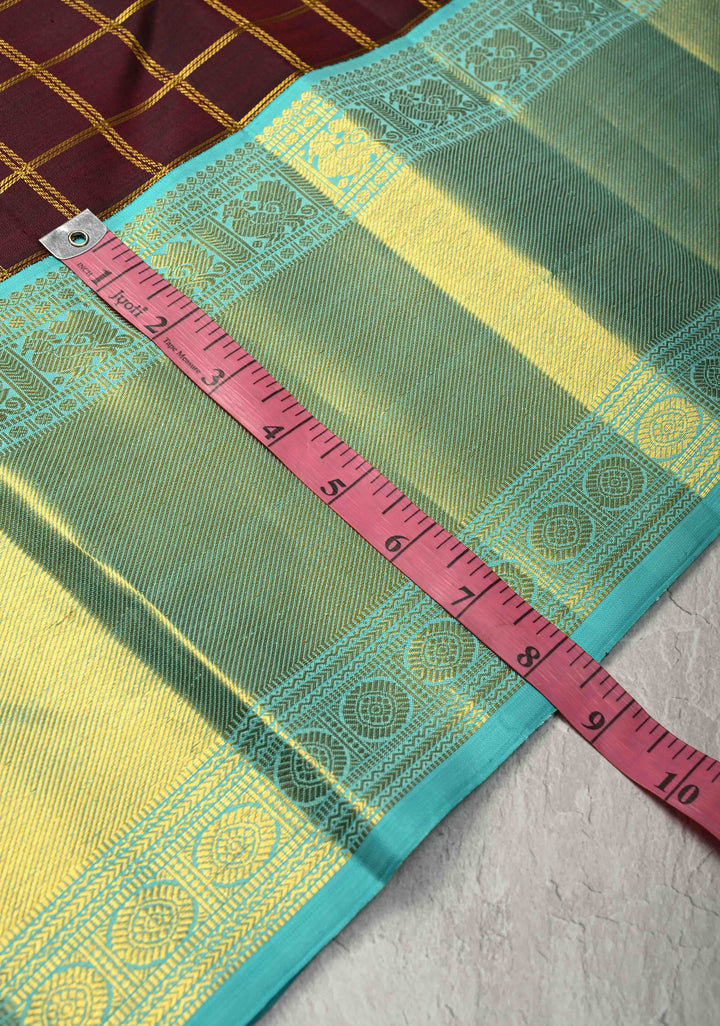 Zari Checks Korvai Weave Beetlenut Brown Kanjivaram Pure Silk Saree with Zari Checks and Contrast Border | SILK MARK CERTIFIED