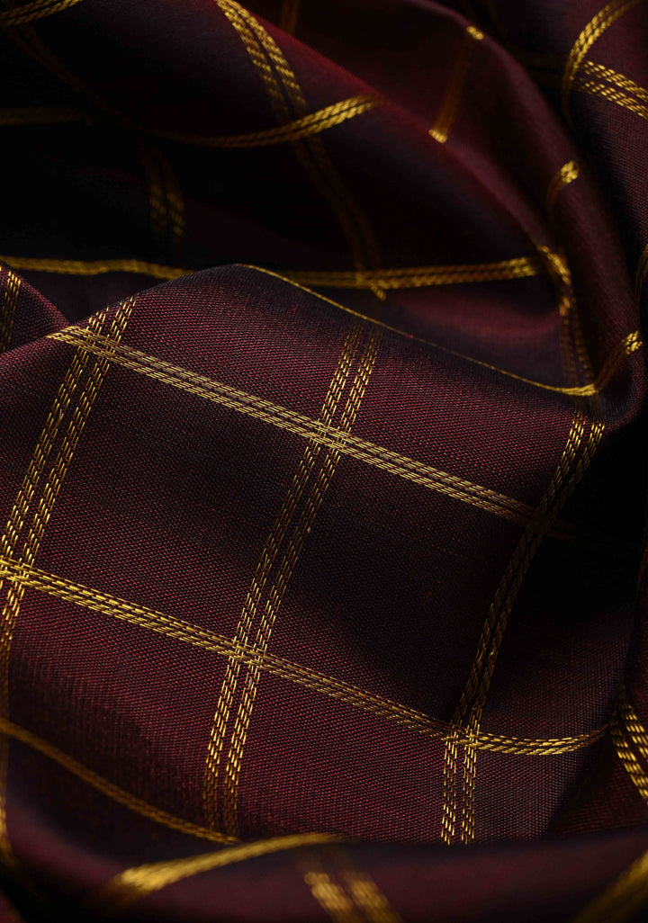 Zari Checks Korvai Weave Beetlenut Brown Kanjivaram Pure Silk Saree with Zari Checks and Contrast Border | SILK MARK CERTIFIED