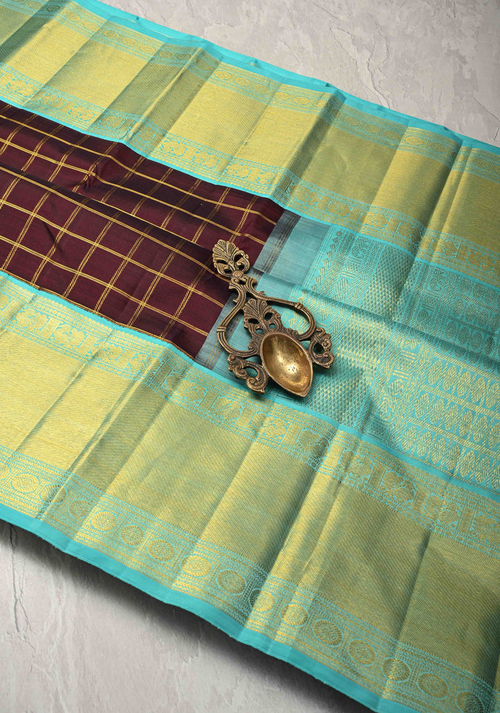 Zari Checks Korvai Weave Beetlenut Brown Kanjivaram Pure Silk Saree with Zari Checks and Contrast Border | SILK MARK CERTIFIED