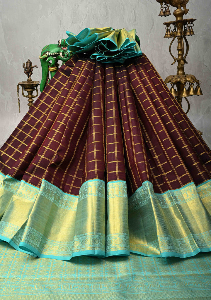 Zari Checks Korvai Weave Beetlenut Brown Kanjivaram Pure Silk Saree with Zari Checks and Contrast Border | SILK MARK CERTIFIED