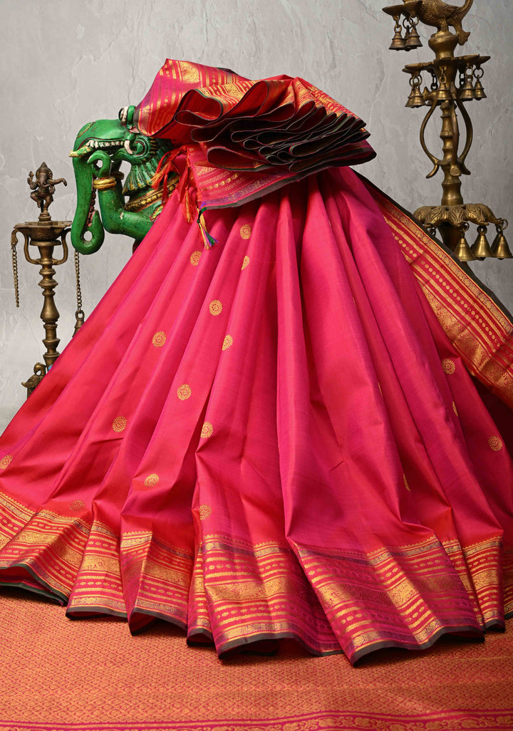 Hot Pink Kanjivaram Pure Silk Saree with Zair Buttas and Zari Border | SILK MARK CERTIFIED