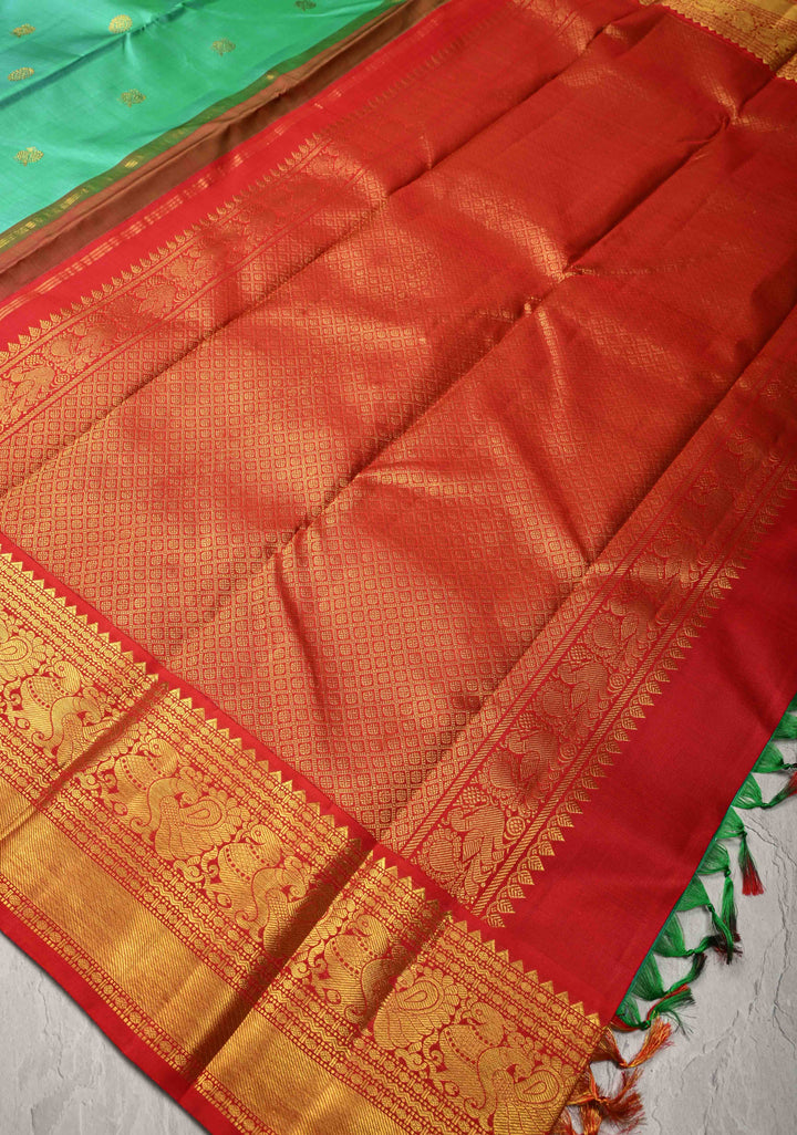 Sea Green Korvai Kanjivaram Pure Silk Saree with Zari Buttas and Contrast Zari Border | SILK MARK CERTIFIED